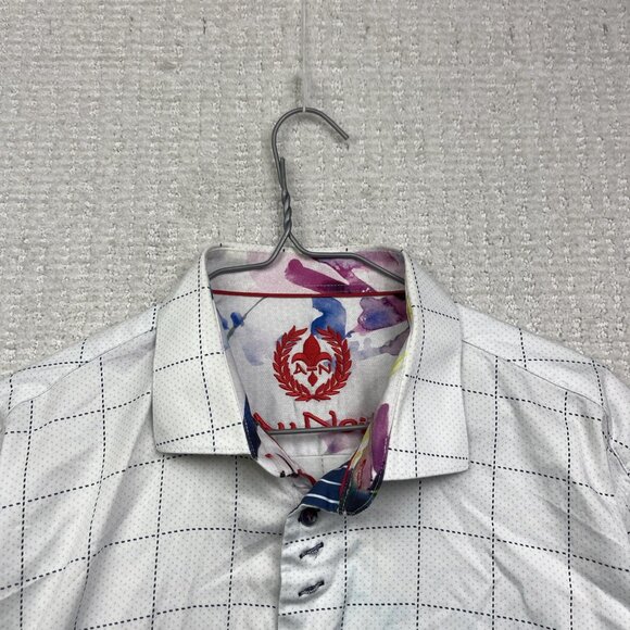 Au Noir White Button Down Shirt Geometric Grid Watercolor Design Men Sz 5 Read - Picture 2 of 14